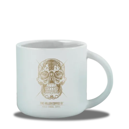 killer coffee mug gold white ceramic