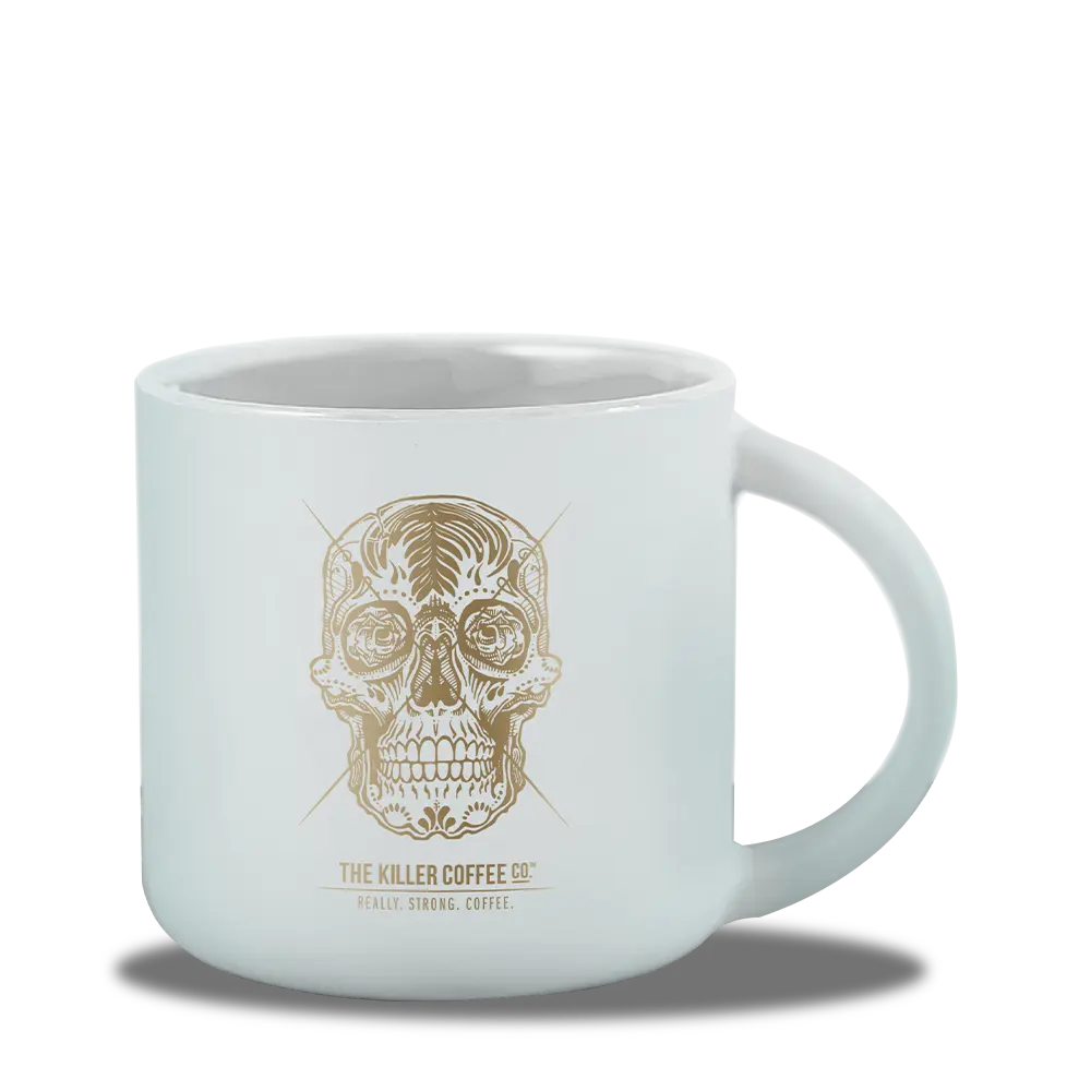 killer coffee mug gold white ceramic